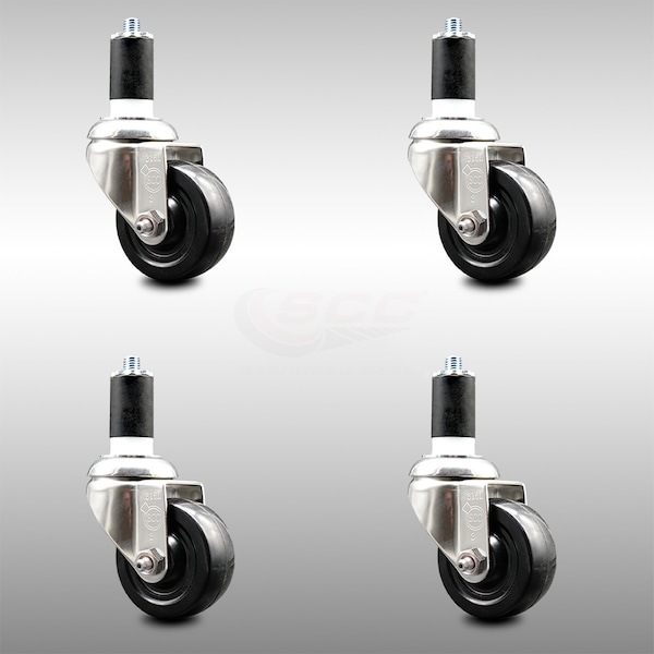 3 Inch 316SS Soft Rubber Wheel Swivel 1-5/8 Inch Expanding Stem Caster Set SCC